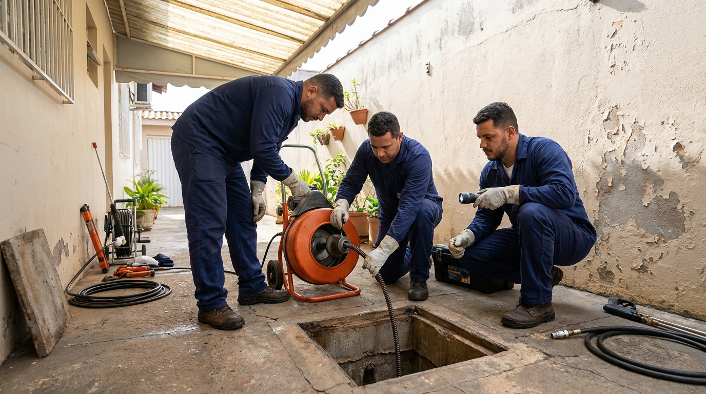 Desentupimento de esgoto com hidrojateamento em Hortolândia‑SP