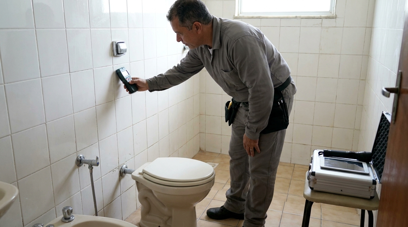Técnico de caça vazamento analisando tubulação em Hortolândia‑SP